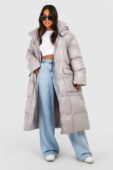 Petite Oversized Hooded Square Quilt Detail Maxi Puffer grey