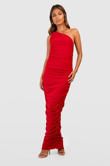 Red Ruched Mesh Asymmetric Maxi Dress
