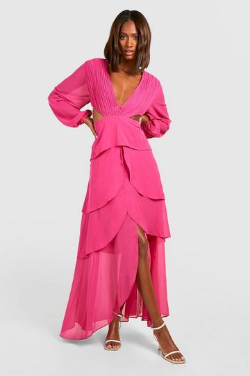 Pink Chiffon Ruffle Cut Out Maxi Dress