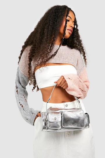 Silver Multi Pocket Shoulder Bag