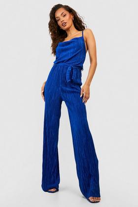 Royal Blue Plunging Neck Jumpsuit With Sleeves