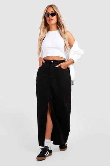 Plus Basic Split Front Denim Maxi Skirt washed black