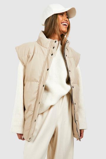 Stone Beige Faux Leather Belted Gilet