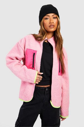 Contrast Nylon Pocket Teddy Zip Jacket pink