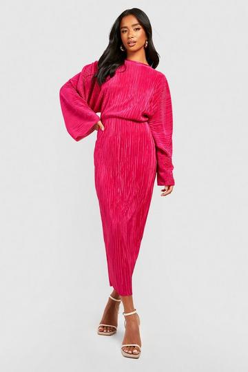 Pink Petite Batwing Plisse Midi Dress