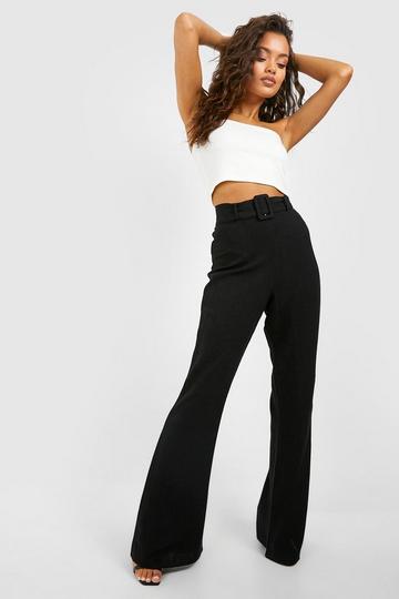 Linen Blend Buckle Belted Flared Trousers black