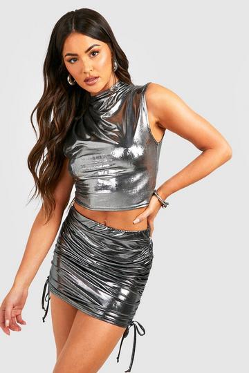 Metallic Ruched Mini Skirt silver