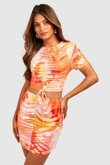 Orange Abstract Print Crop & Ruched Mini Skirt Set