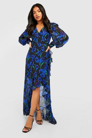 Petite Chiffon Floral Wrap Ruffle Maxi Dress cobalt