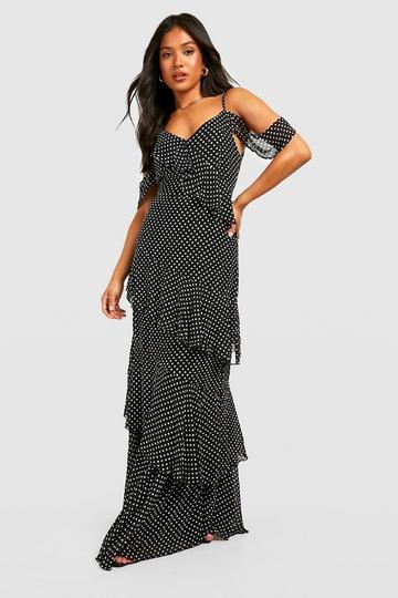 Black Petite Polkadot Asymmetric Chiffon Tiered Ruffle Maxi Dress