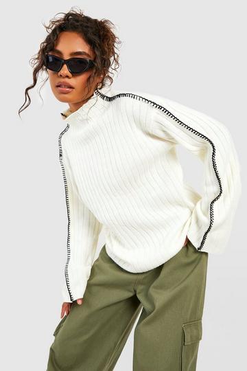 Tall Whipstitch Funnel Neck Rib Knitted Sweater ivory