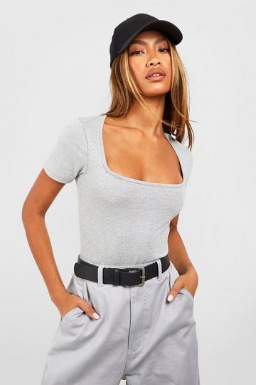 Basic Cotton Short Sleeve Square Neck Bodysuit ash grey