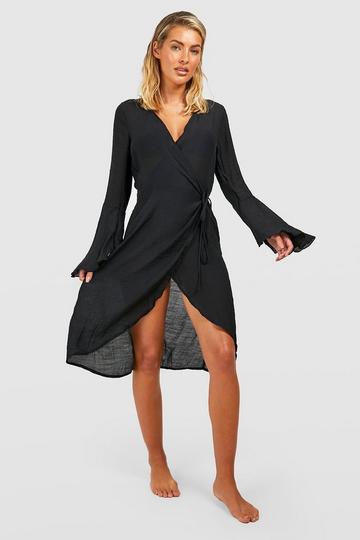Black Linen Look Belted Wrap Beach Dress