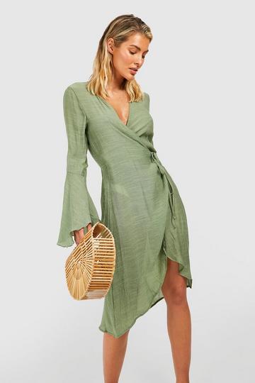 Linen Look Belted Wrap Beach Dress olive
