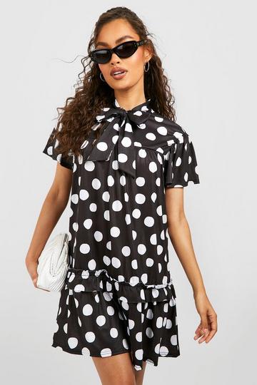 Polka Tie Neck Ruffle Smock Dress black