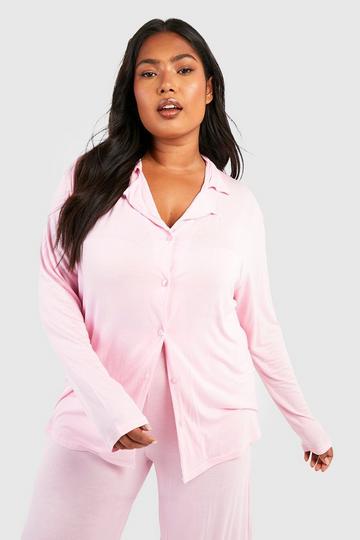 Plus Peached Jersey Long Sleeve Button Pj Shirt pink