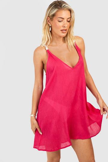 Pink Pearl Stone Strap Cheesecloth Beach Mini Dress
