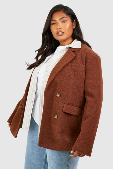 Plus Wool Look Double Breasted Oversized Blazer chocolate