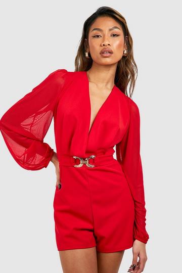 Mesh Sleeve Belted Playsuit red