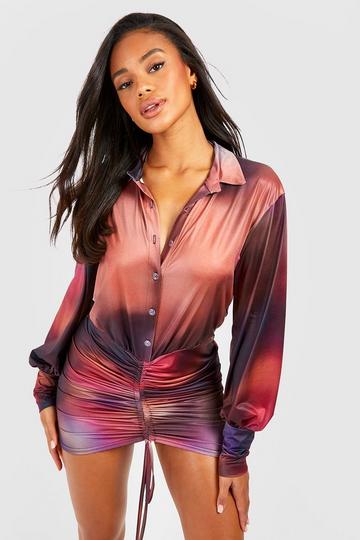 Abstract Slinky Rouched Shirt Dress multi