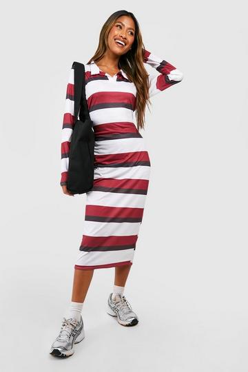 Striped Rugby Collar Midi Dress berry