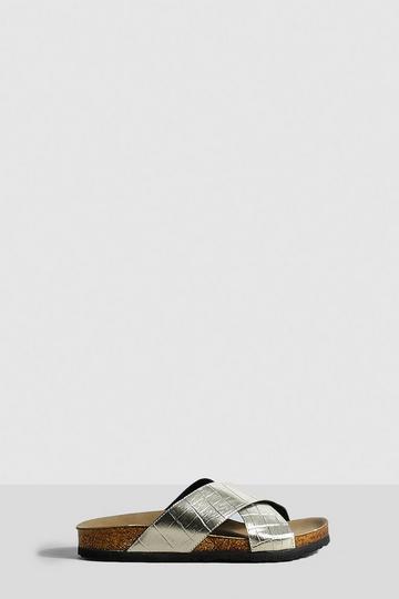 Wide Fit Metallic Croc Cross Strap Footbed Sliders gold