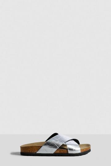 Silver Wide Fit Metallic Croc Cross Strap Footbed Sliders
