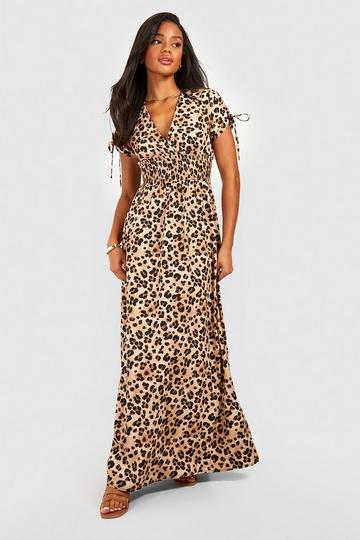 Leopard Shirred Tie Sleeve Maxi Dress brown