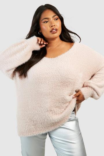 Plus V Neck Fluffy Knit Jumper mauve