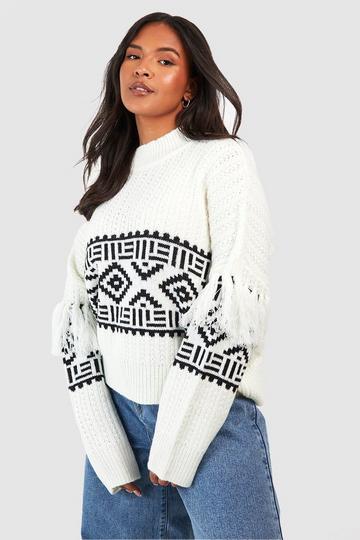 Plus Aztec Trim Sleeve Sweater ivory
