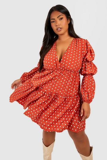 Plus Spot Woven Tiered V Neck Smock Dress rust