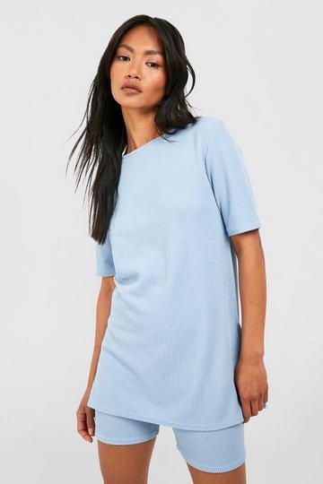 Ribbed Relaxed Longline Tshirt With Side Splits & Shorts light blue