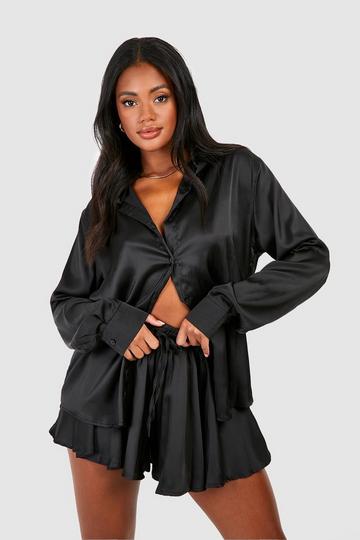 Black Satin Relaxed Fit Shirt & Flared Shorts