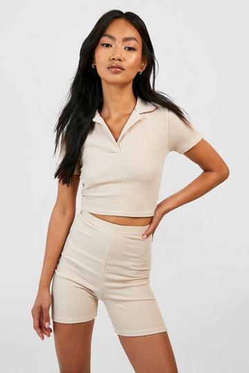 Ribbed Collared Polo Top & High Waisted Short Set sand