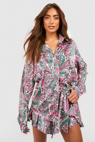 Bright Neon Satin Paisley Relaxed Fit Shirt & Flared Shorts