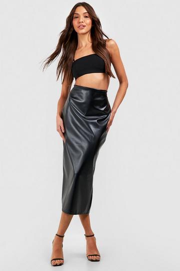Black Leather Look Split Back Tube Midaxi Skirt