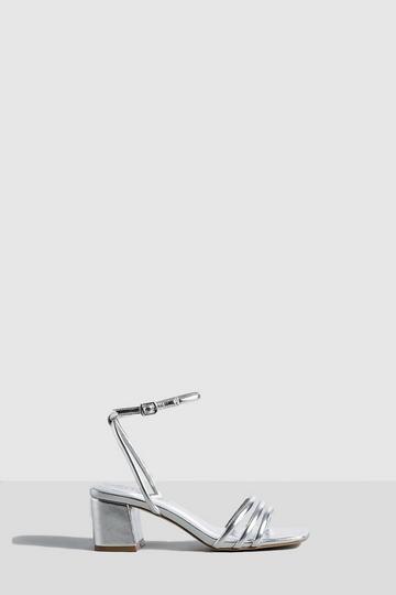 Silver Wide Fit Square Toe Triple Strap Low Block Heel Sandals