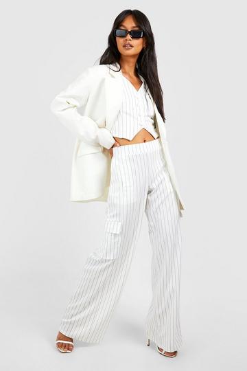 Cream White Jersey Crepe Pinstripe Waistcoat & Wide Leg Trousers