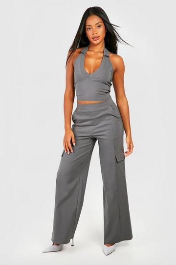 Grey Stretch Collared Halter & Wide Leg Cargo Trousers
