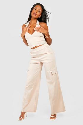 Missguided ribbed flare pant in stone