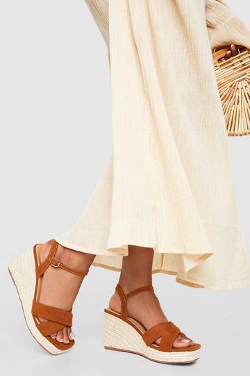 Tan Brown Wide Fit Square Toe Cross Strap Wedges