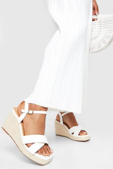 Wide Fit Square Toe Cross Strap Wedges white