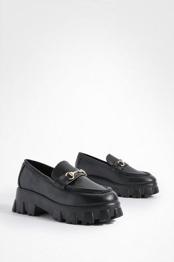 Black Wide Fit Chunky Cleated Sole T Bar Loafers