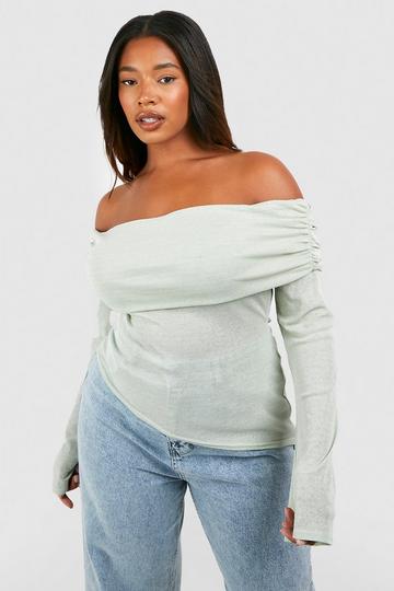 Sage Green Plus Bardot Ruched Flare Sleeve Top