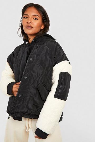 Black Plus Quilt Detail Faux Fur Sleeve Jacket