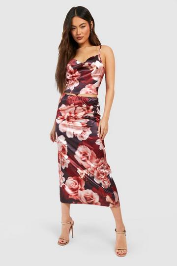 Satin Large Floral Floaty Midaxi Skirt dusty red