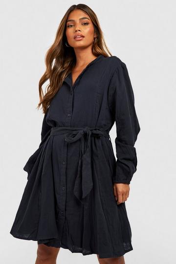 Linen Belted Shirt Dress black