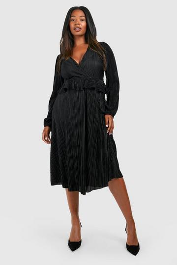 Plus Plisse Ruffle Detail Midi Dress black