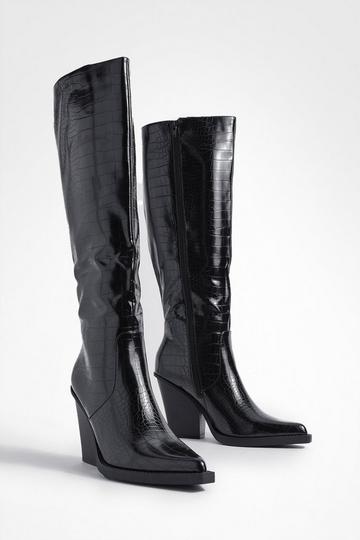 Chunky Sole Knee High Croc Western Boots black