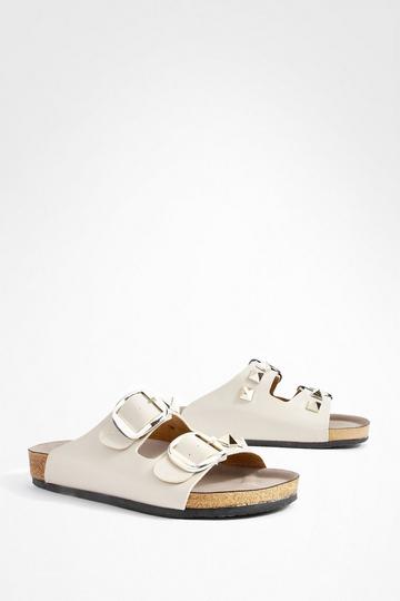 Cream White Stud Detail Double Strap Slides